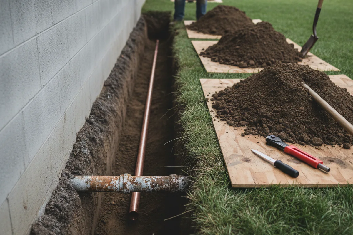 Excavated water line trench during Water Heater Repair in Ducor
